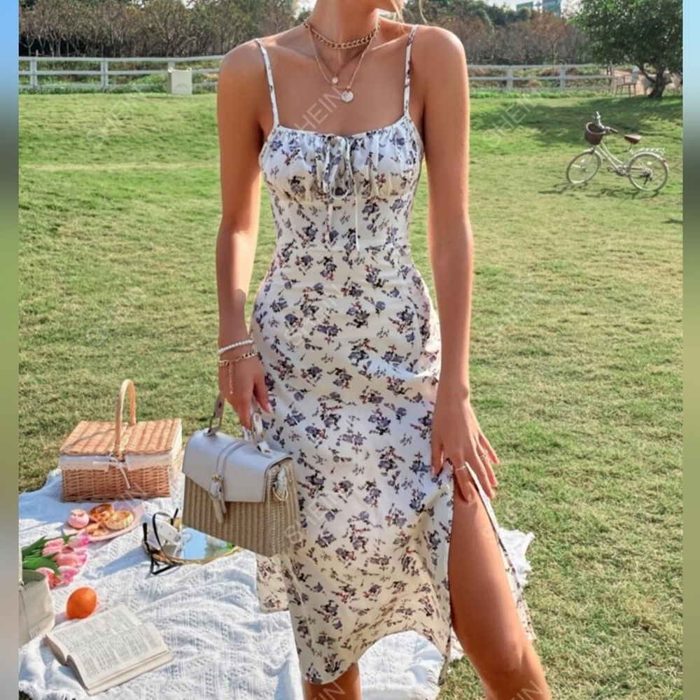 VCAY Floral Print Tie Front Slit Thigh Cami Dress